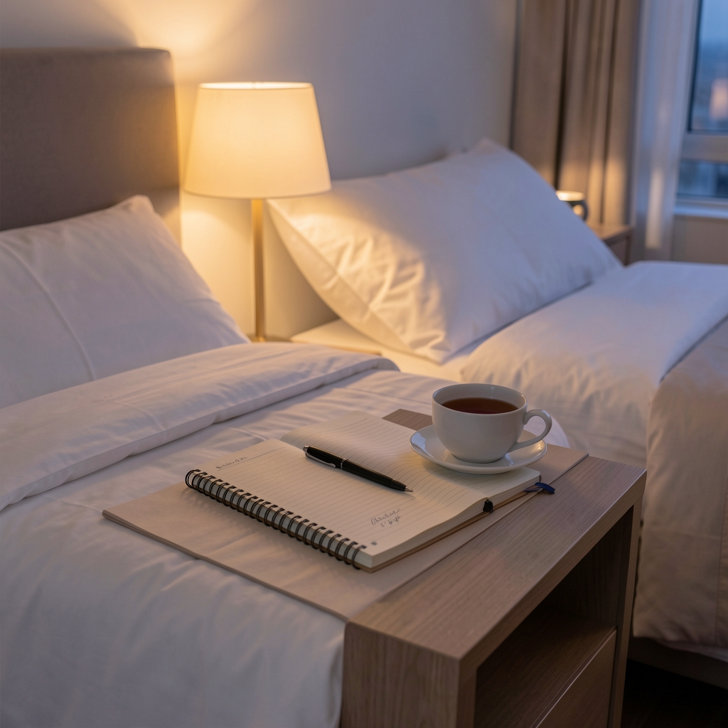 Notebook, cup of tea, and bedside lamp beside a neatly made bed at dusk