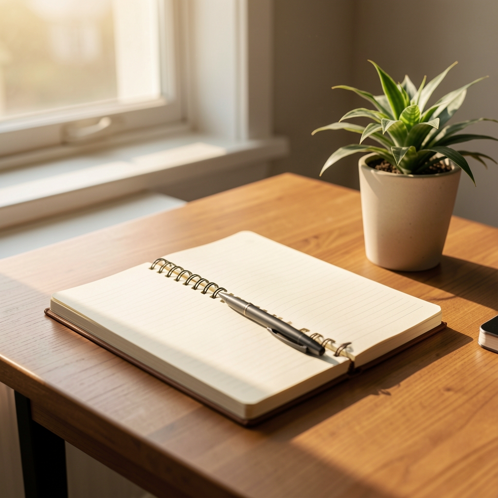 Quiet editorial desk with notebook, pen, plant, and warm natural light