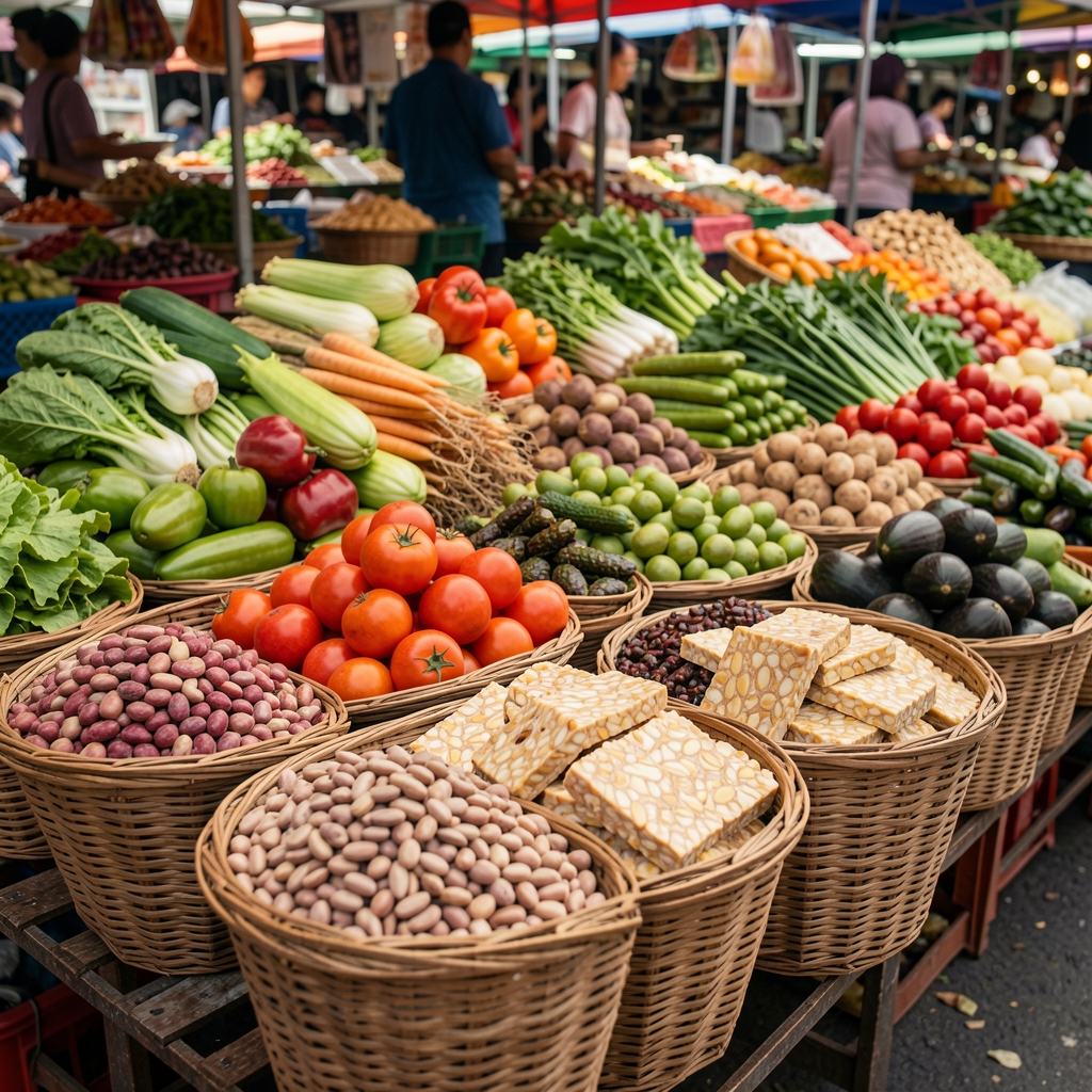 Colourful market vegetables, legumes and tempeh arranged in woven baskets