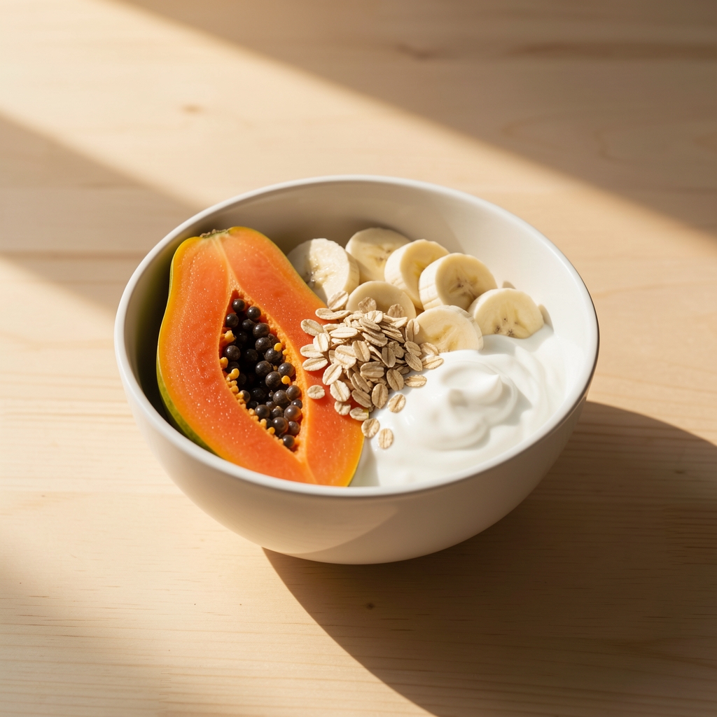 Bowl of papaya, banana, oats and yoghurt on a light wooden table in morning sunlight