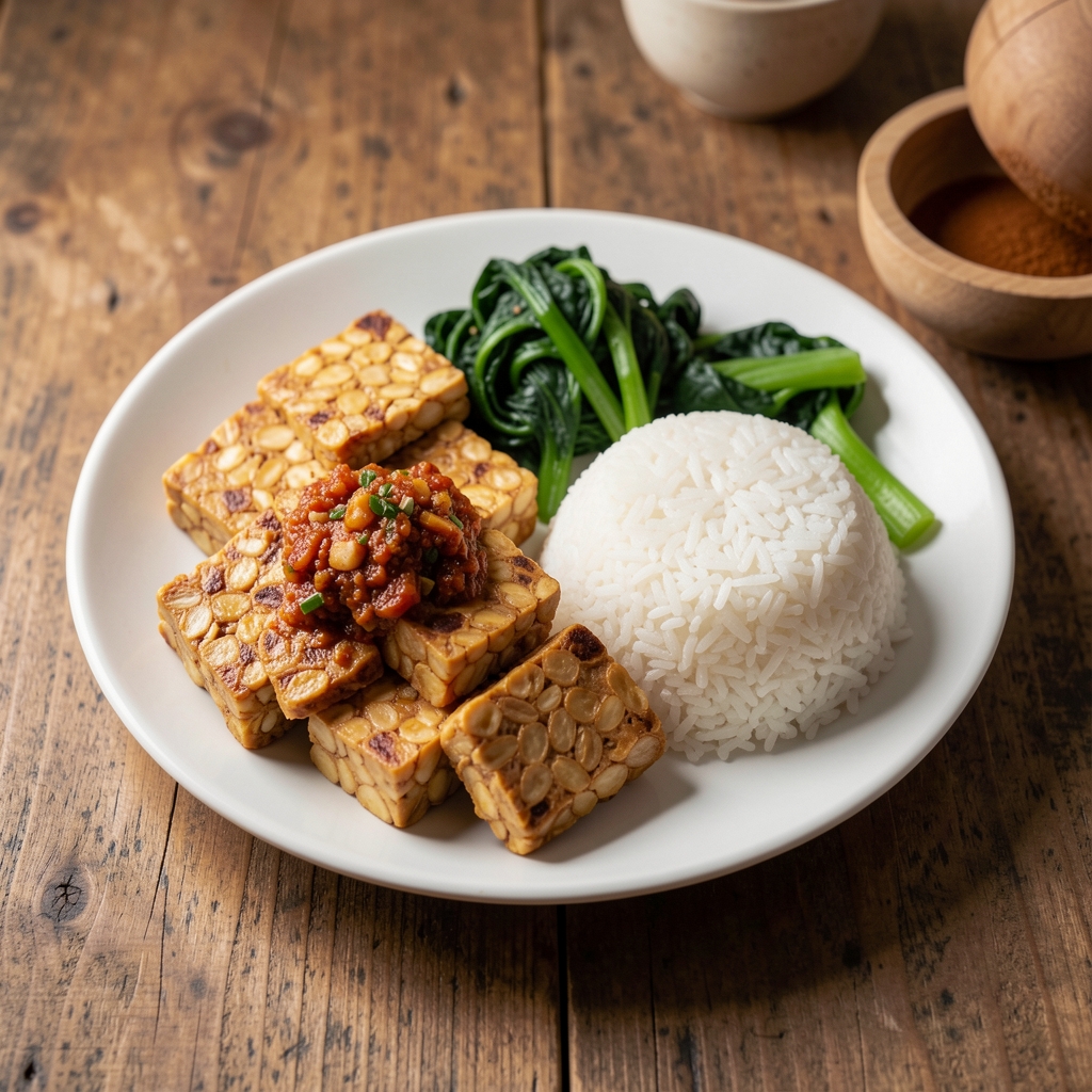 Indonesian home-cooked meal of tempeh, sambal, steamed greens and rice on a wooden table