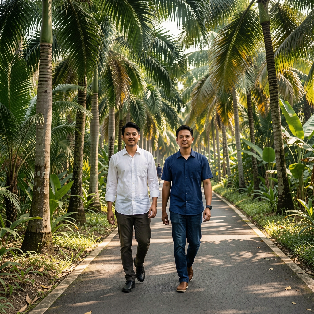 Two adult men walking beside tropical trees on a shaded Jakarta path