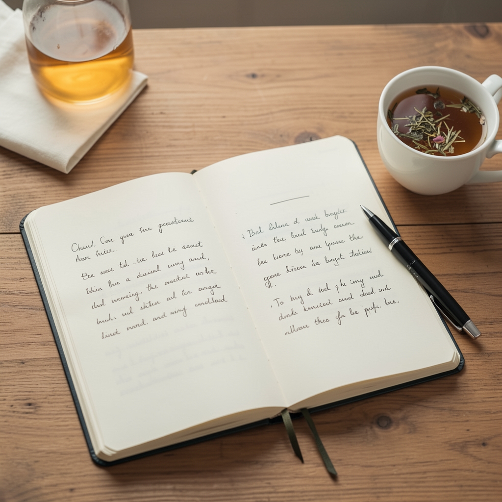 Open journal with handwritten notes beside a pen and a cup of herbal tea