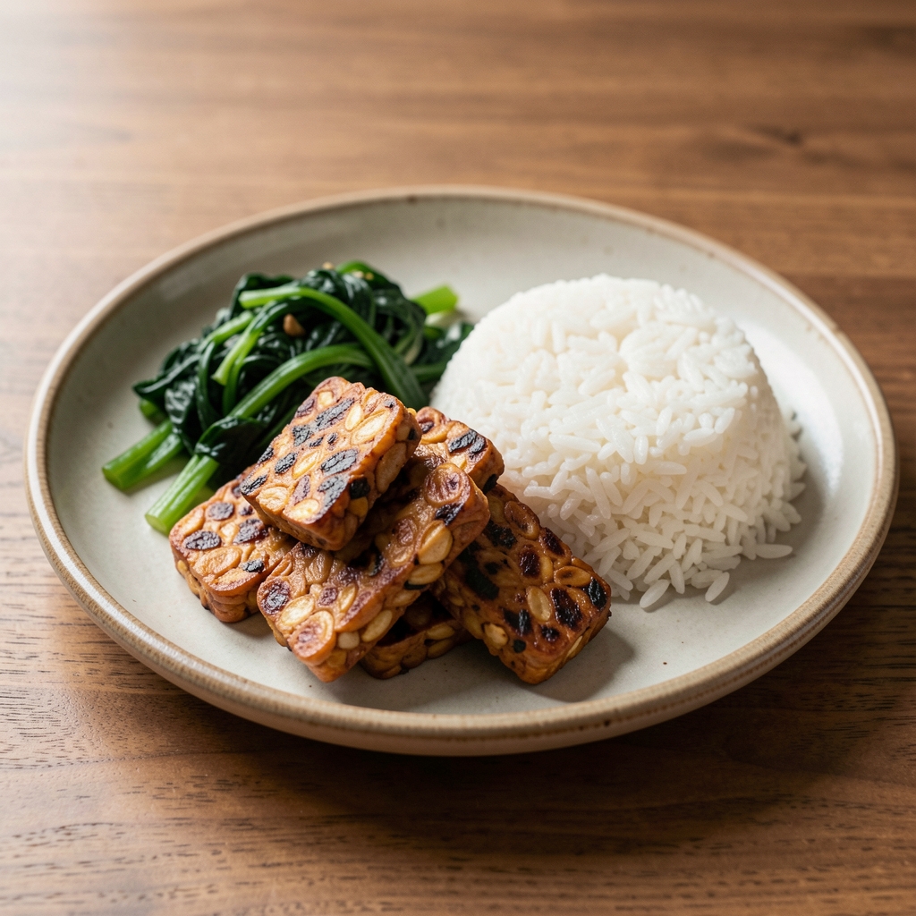 Plate of grilled tempeh, steamed greens, and rice served on a ceramic dish