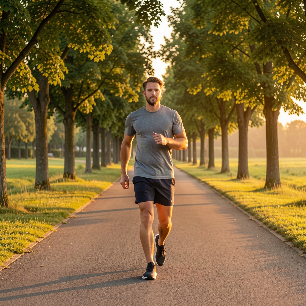 Man walking briskly on a tree-lined path at sunrise wearing simple sports clothes