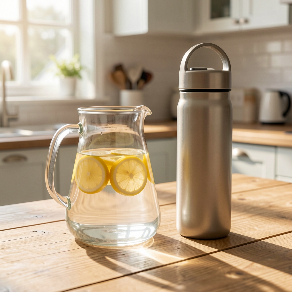 Glass jug of water with lemon slices and a reusable bottle on a sunlit kitchen table