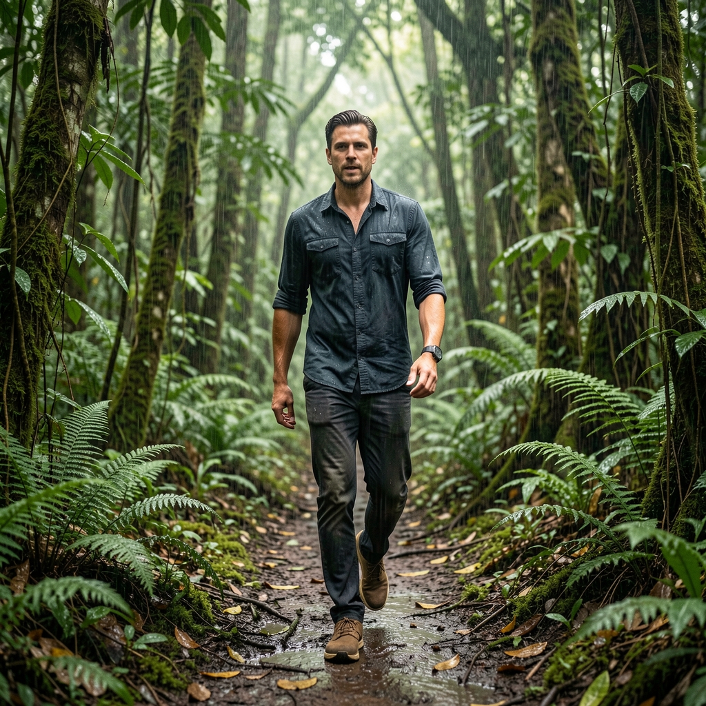 Man walking briskly under rainforest canopy with comfortable shoes and relaxed posture