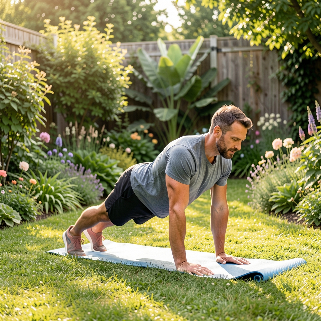 Adult man performing a controlled bodyweight exercise in a bright open-air garden studio