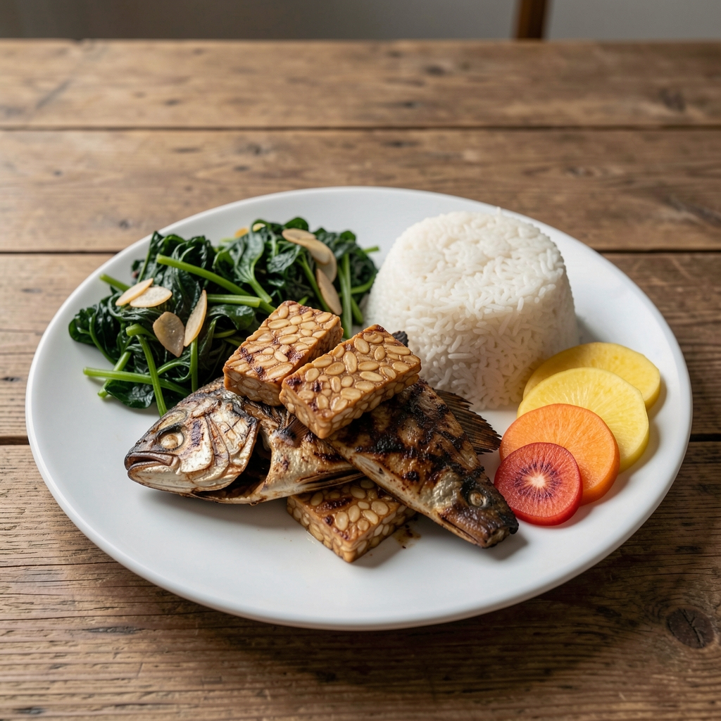 Balanced Indonesian meal with grilled fish, tempeh, greens, rice, and sliced fruit on a wooden table