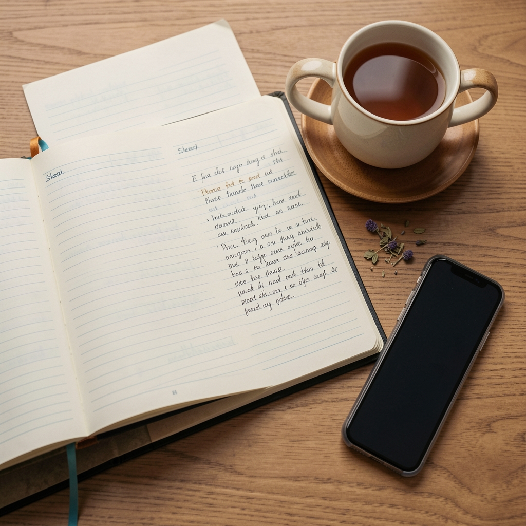 Open sleep journal with handwritten notes beside herbal tea and a phone turned face down