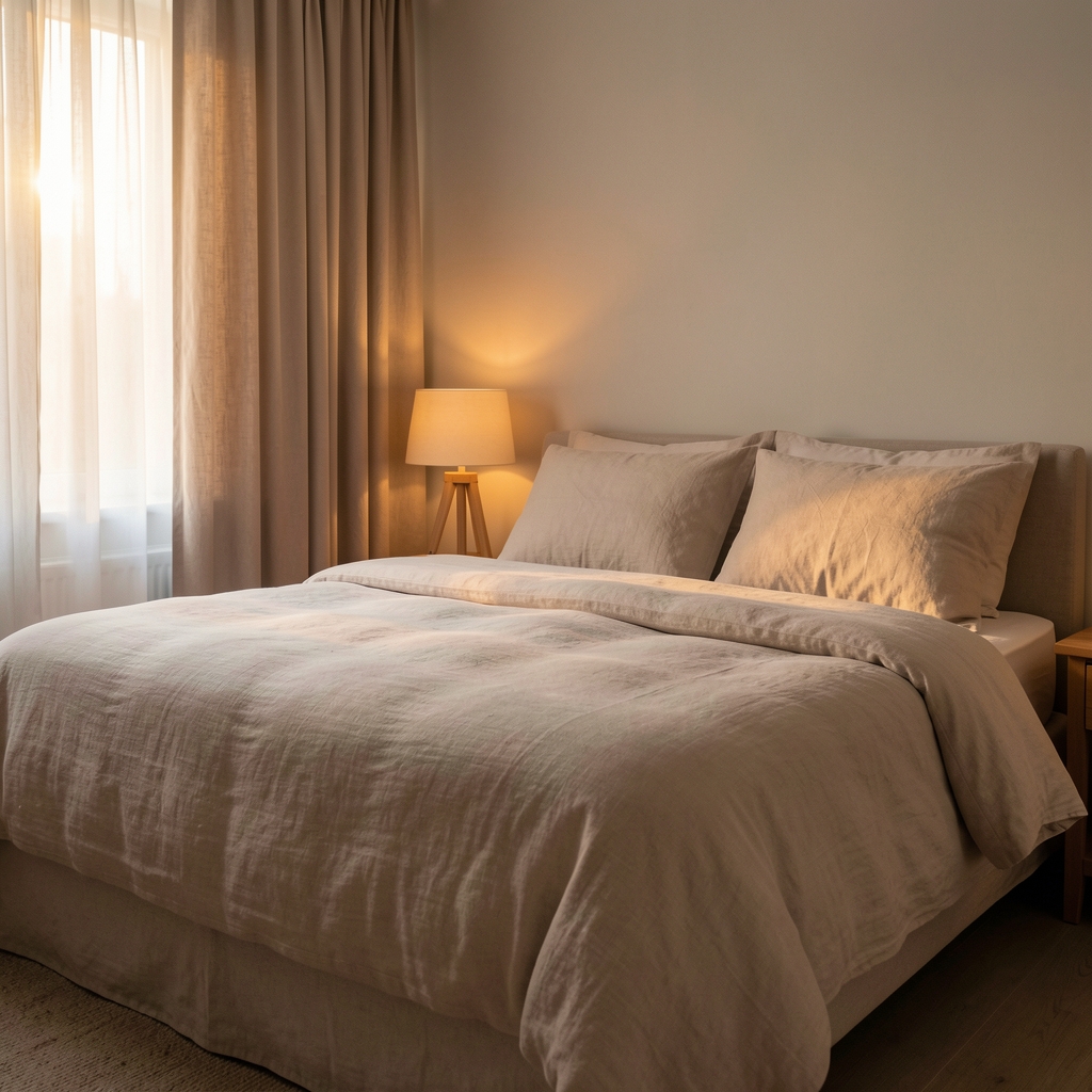 Quiet bedroom with linen bedding, warm bedside lamp, and curtains filtering early evening light