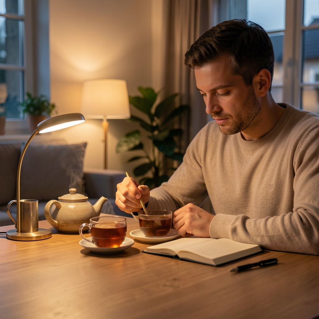Man preparing tea at home in the evening with a notebook and a lit lamp on the table