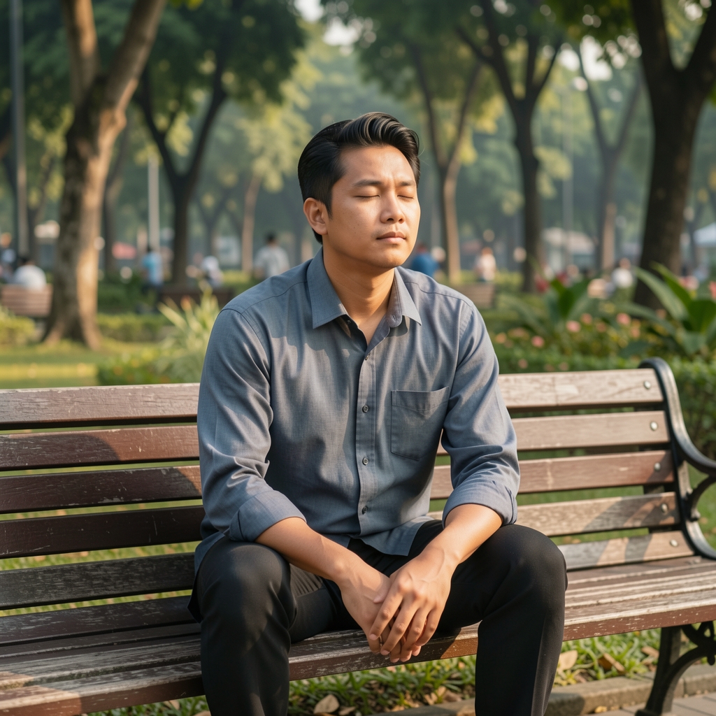 Man sitting quietly on a bench in a Jakarta park with eyes closed and hands resting on his knees