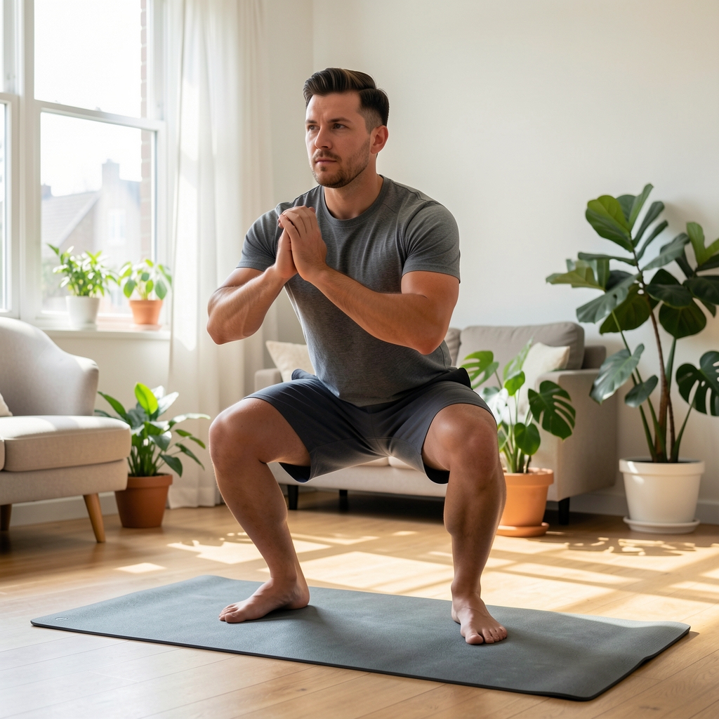 Man performing a body-weight squat in a bright home living room with a yoga mat and plants